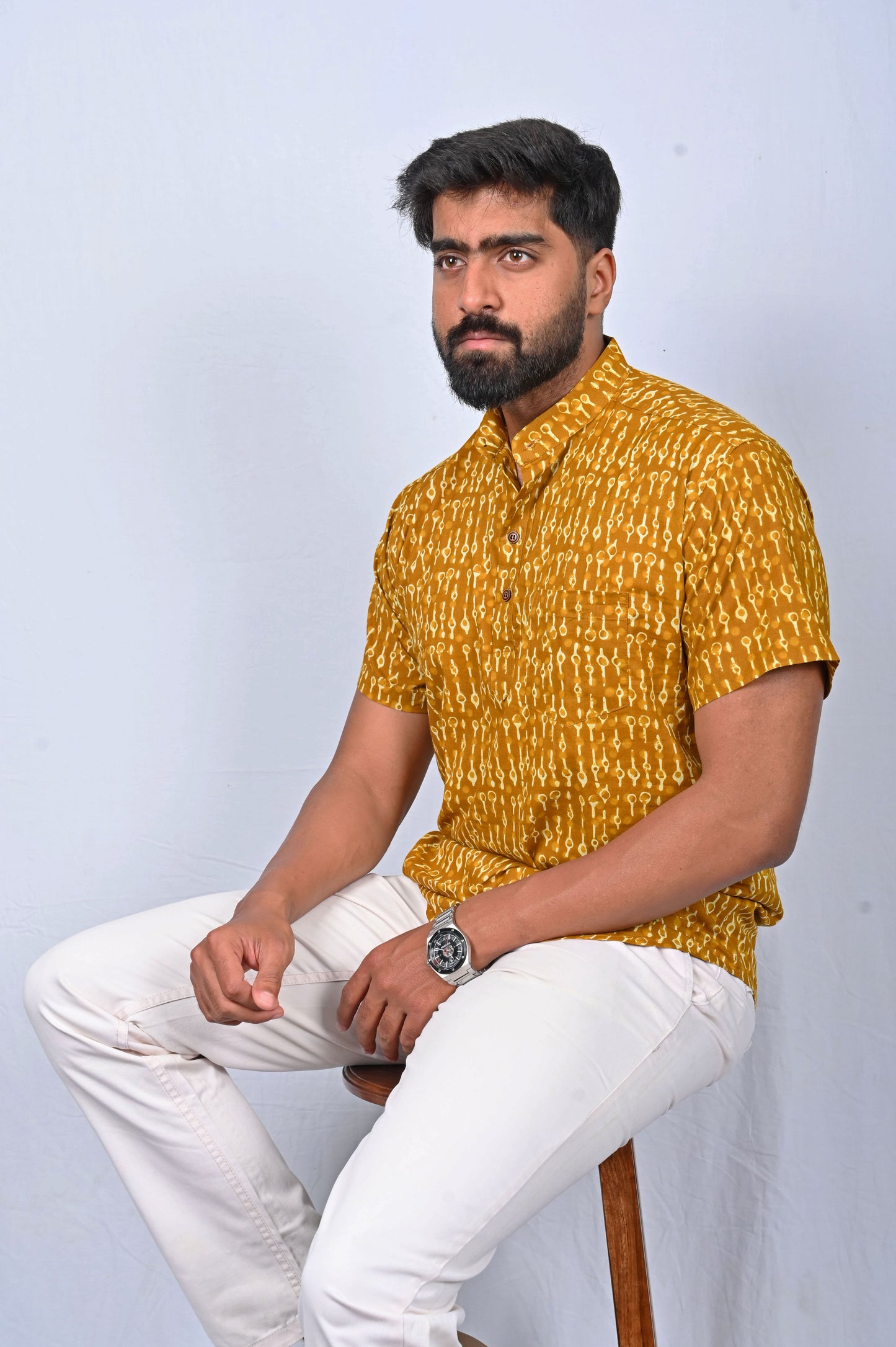 Yellow block printed Short Kurta