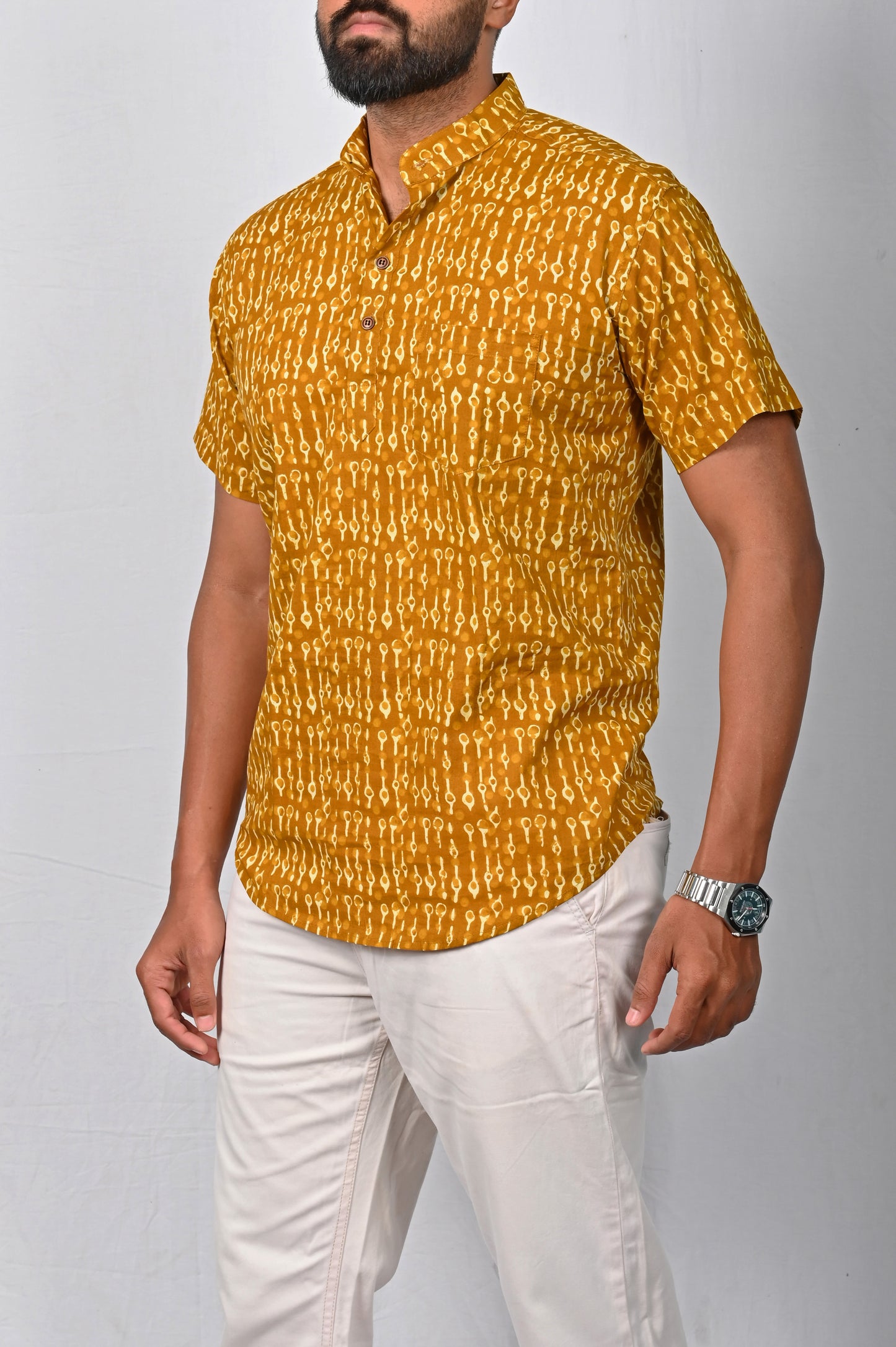 Yellow block printed Short Kurta