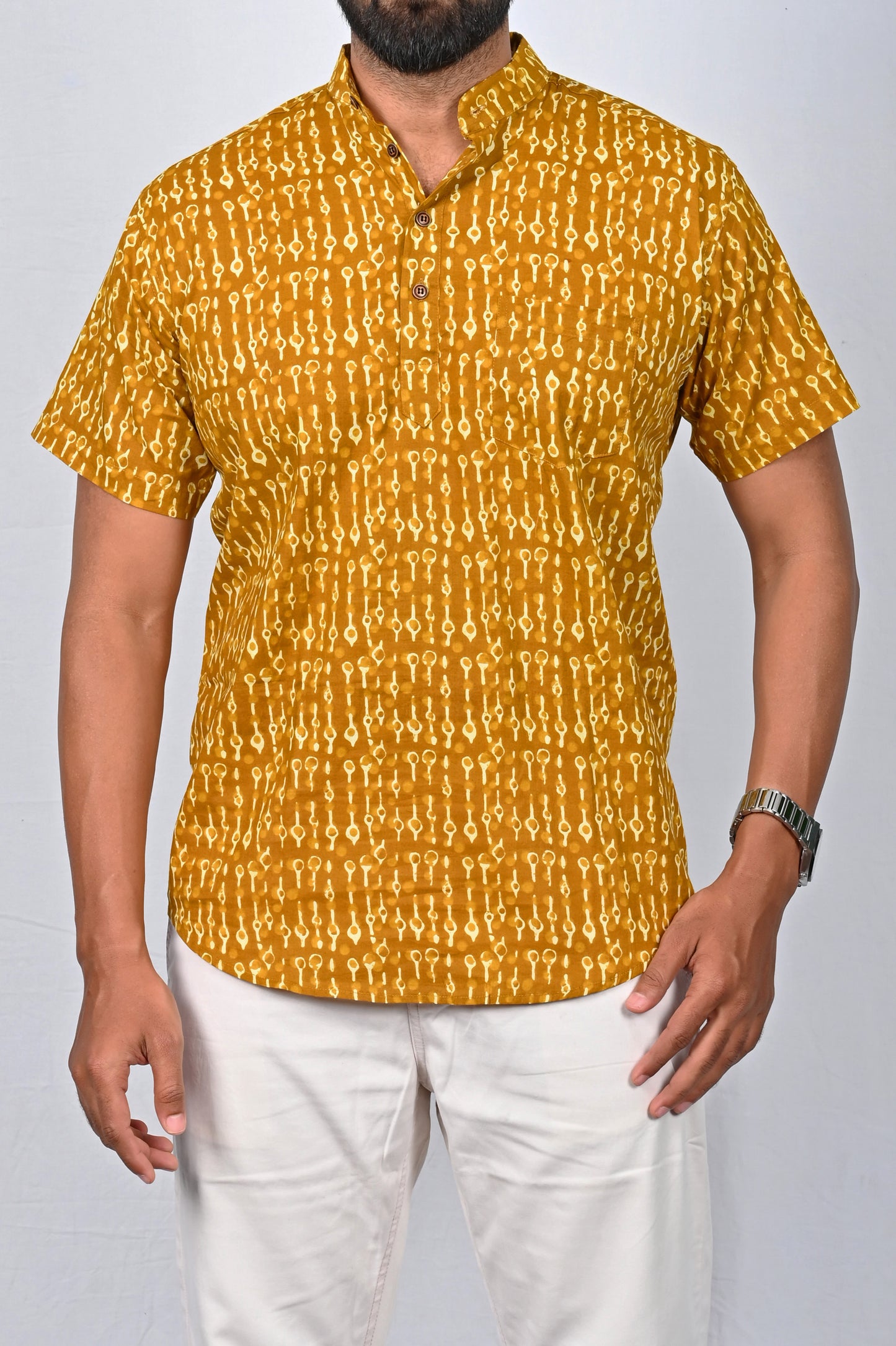 Yellow block printed Short Kurta